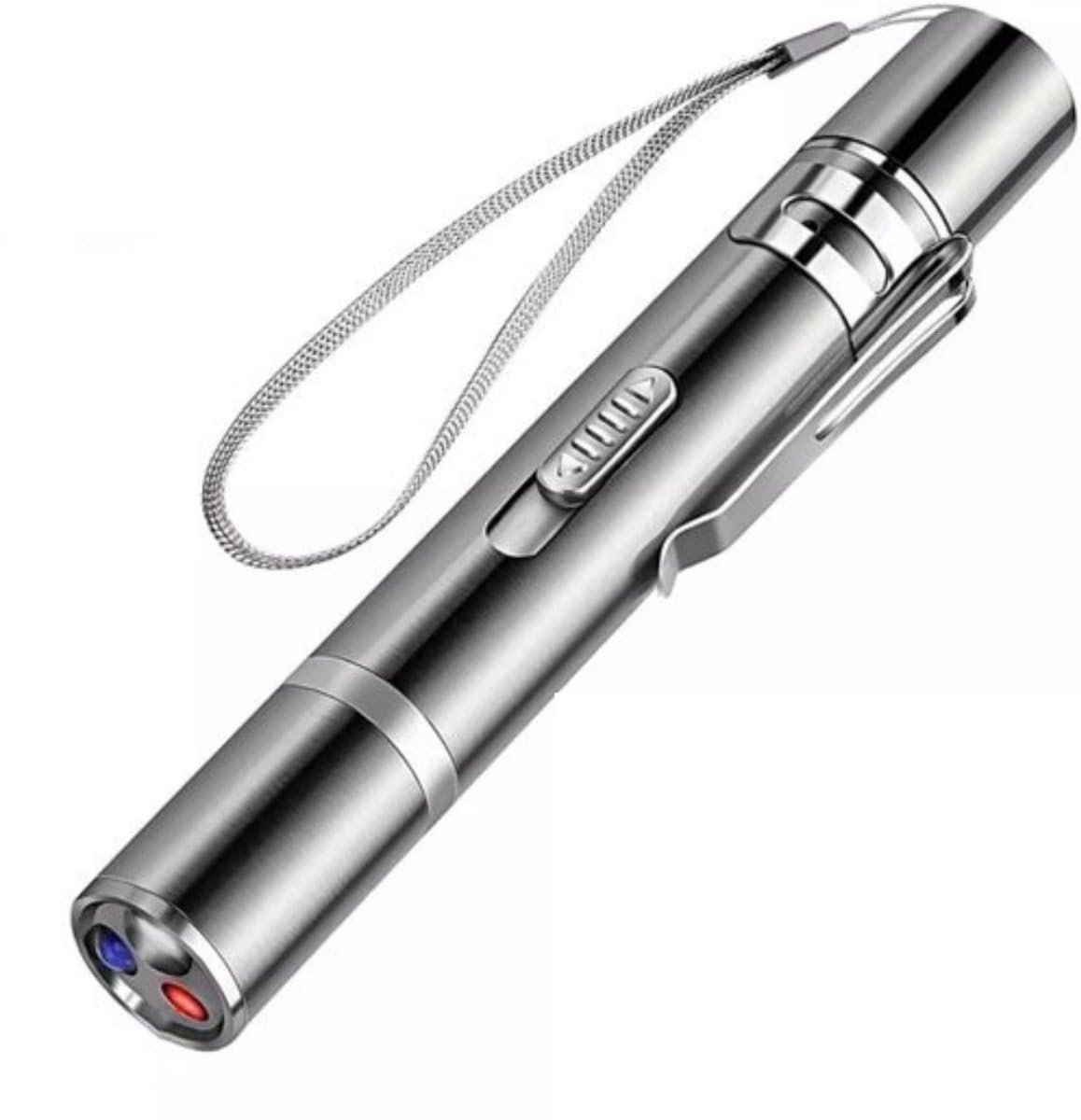 Okado Laserpen voor Katten USB Oplaadbaar – Kattenlaser met 7 Standen (Laser/UV/Zaklamp + Patronen) – RVS Behuizing – Voor Actief Spelen & Beweging – Zilver