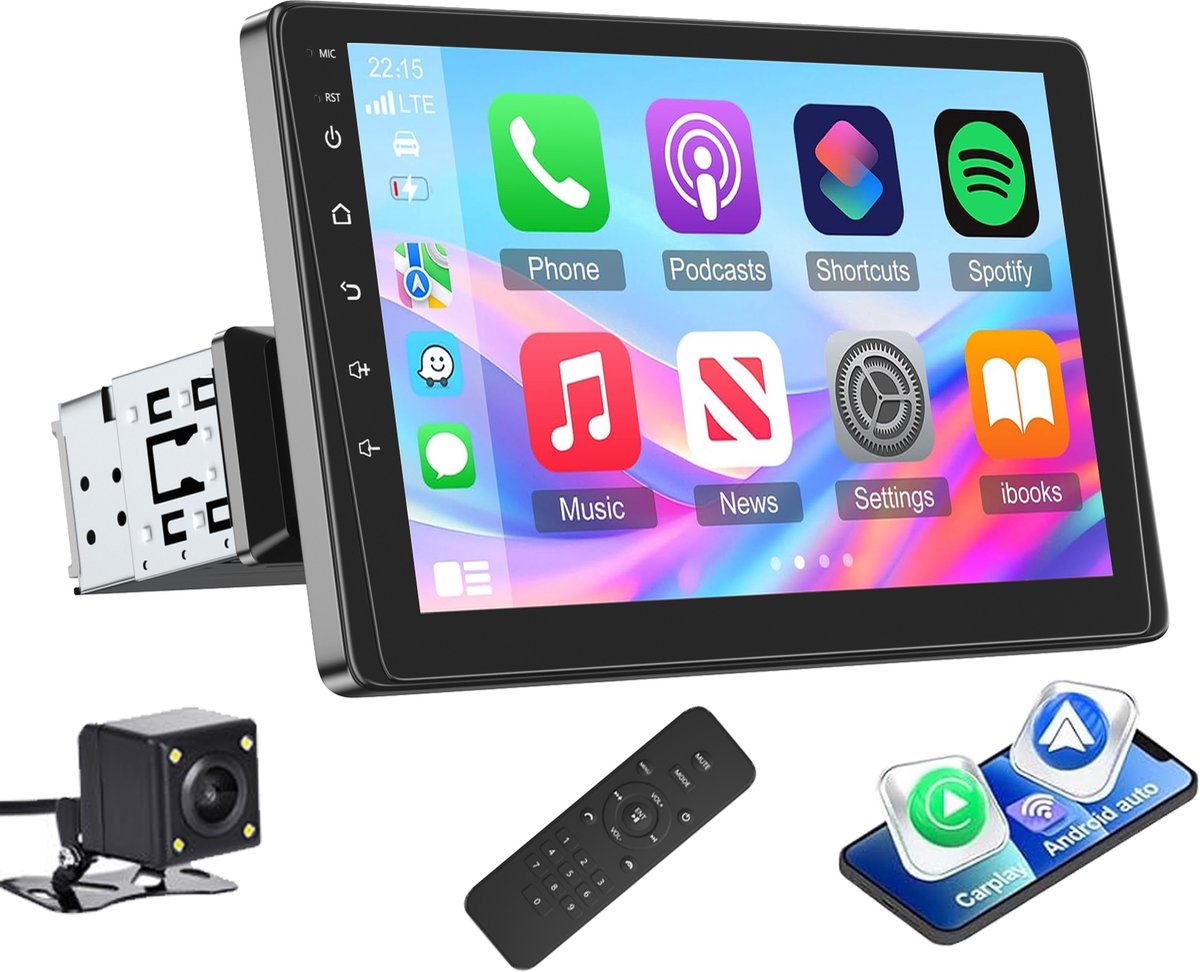 ESSGOO 1Din Autoradio - Apple Carplay & Android Auto (Draadloos) - 9" HD Verstelbaar Scherm - USB, AUX, TF, Bluetooth - Achteruitrijcamera