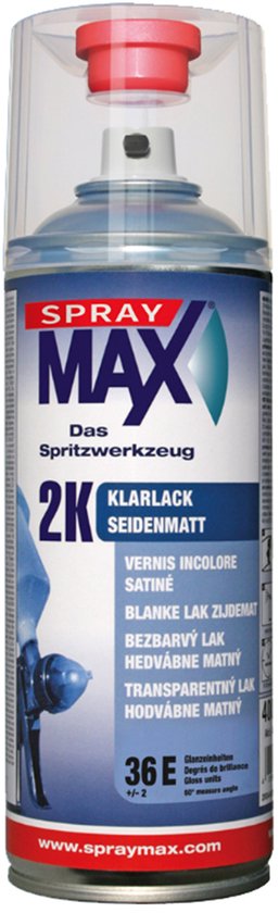 Aérosol SprayMax 2K avec étiquette bleue, blanche et rouge. "KLARLACK SEIDENMATT" sur l'étiquette. Bouton de pulvérisation rouge visible sur le dessus.