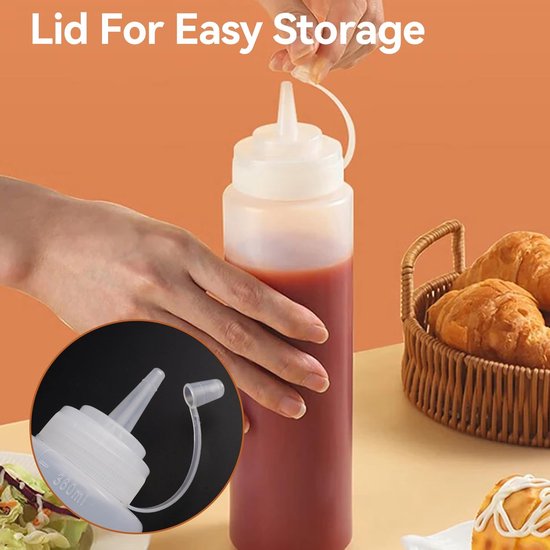 Deze vierdelige set sausflessen bevat knijpflesjes van 360 ml, kruidenflesjes en transparante, zachte plastic flesjes, geschikt voor sauzen, mosterd, ketchup, mayonaise, olijfolie, enz. van Merkloos — afbeelding 4