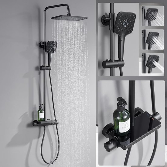 Zwarte doucheset in gebruik met lopende douche, close-ups van handdouche-standen en thermostaat met zeepdispenser.