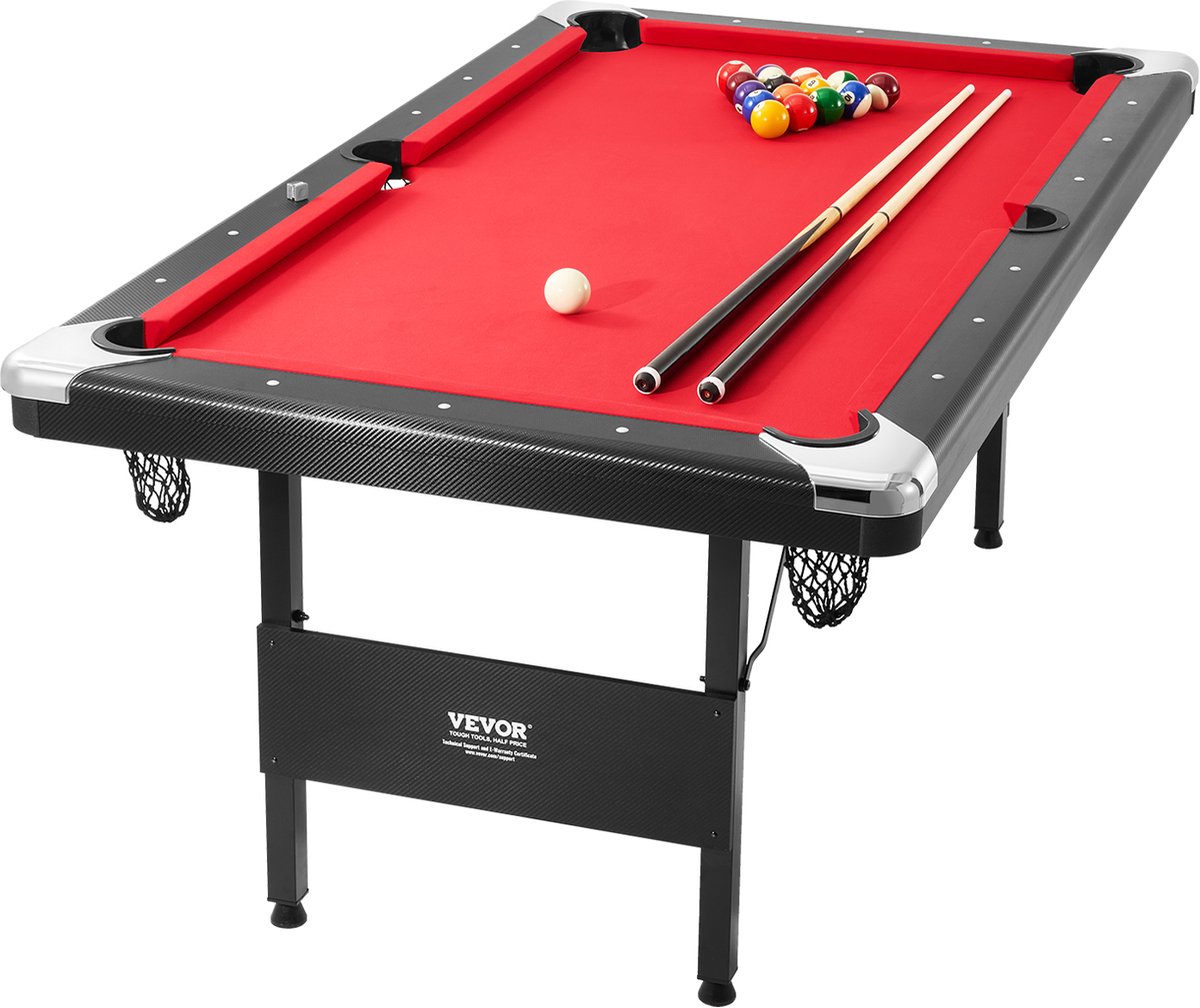 VEVOR Pooltafel, 1,9m Pooltafel, Draagbare en Opvouwbare Tafel, Pooltafelset Inclusief Ballen, Keuen, Krijt, Zwart met Rode Doek, Perfect voor Familiespeelkamer, Kinderen en Volwas
