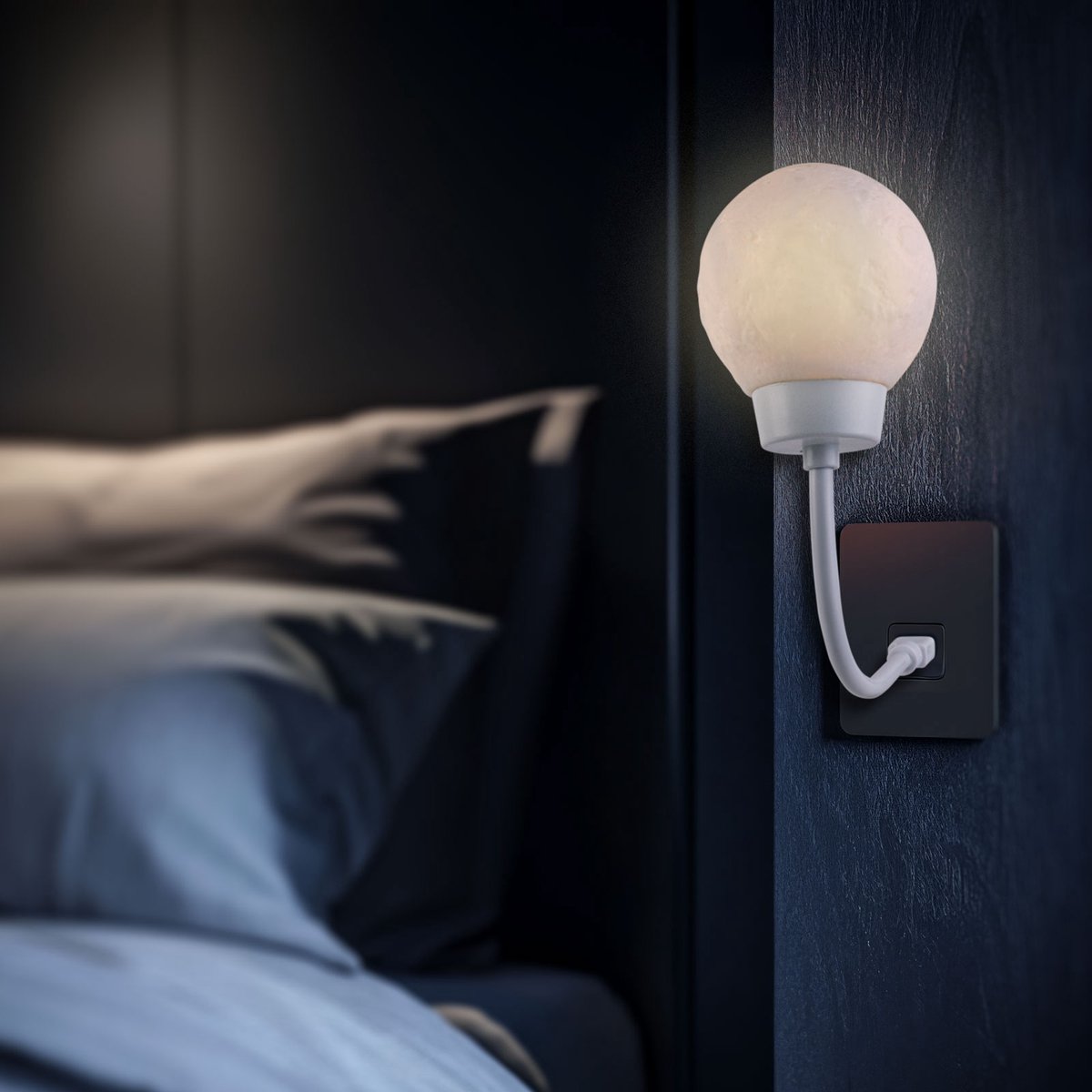Nacht Sfeerlamp - Maanlantaarn - Warm Wit LED - USB Voeding - 3D Geprinte Maanstructuur - Ø65 mm - Voor Slaapkamer, Woonkamer of Hal - Decoratief en Functioneel [20257]