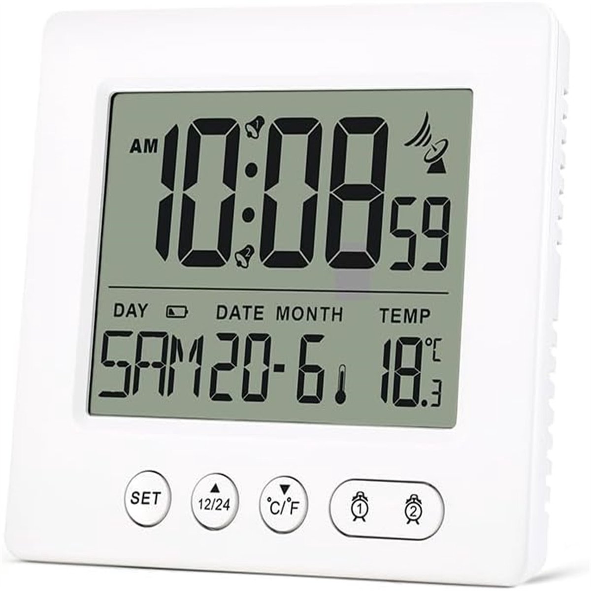 Ynkkvre -Digitale radiogestuurde wekker met 2 alarmtijden, automatische timer, radiogestuurde klok, 5-minuten snooze-functie en temperatuurweergave.