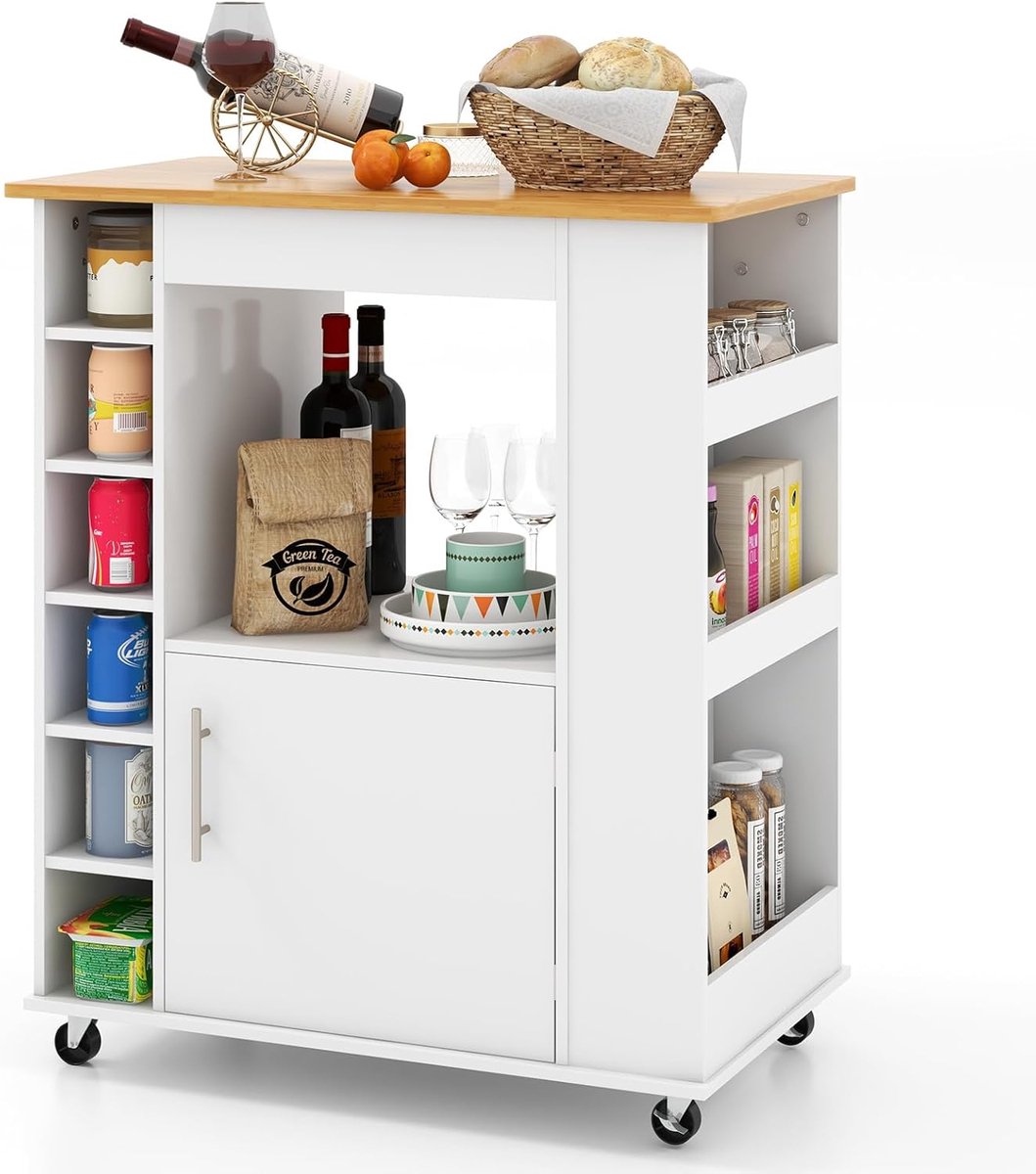 KOMFOTTEU Serveerwagen, keukentrolframe met werkblad en 6 flessen, wijnrek, multifunctionele wagen, hout, keukenkast op wielen voor keuken, eetkamer, bar (wit)
