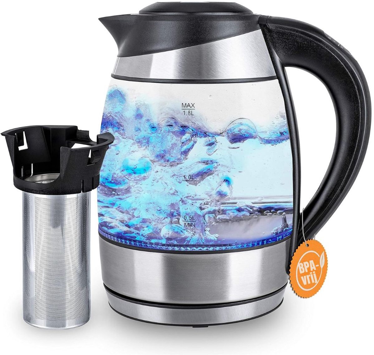 Aura® Waterkoker glas - Waterkoker - Zilver - ‎20cm x 13cm x 21cm