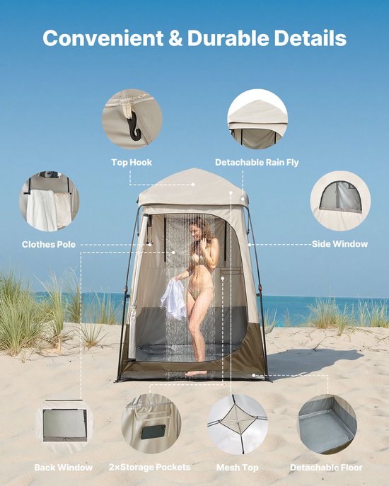 VEVOR 1-Kamer Douchetent, Waterdichte Toilettent (145x145x215 cm), Omkleedtent Incl. Haringen, Touwen, Draagtas En Dwarsbalk, Gemaakt van 210d Oxford-Stof Voor Kamperen, Strand, Vissen, Kaki — afbeelding 4