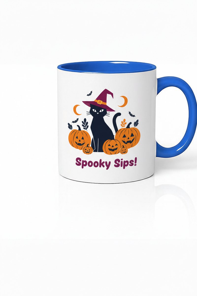 Halloween Mok - Spooky Sips - Zwarte Kat en Pompoenen - Keramische Koffiemok