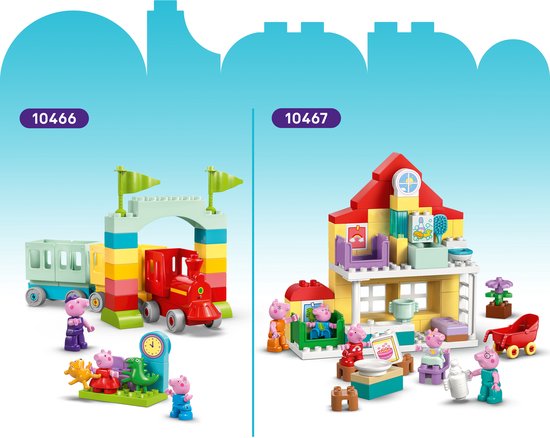 Overzicht van LEGO Duplo sets met een trein en een huis, met Peppa Pig figuren.