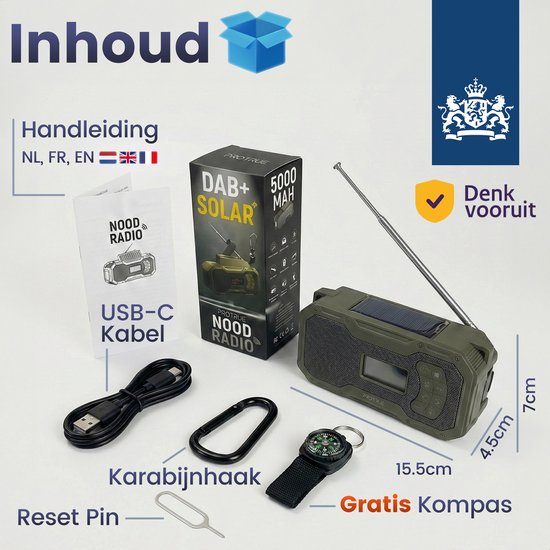 Noodradio Solar Opwindbaar - DAB+ / AM / FM Nood Radio - 5000 mAh Powerbank Zonneenergie - Bouwradio - Badkamer Radio - Noodpakket