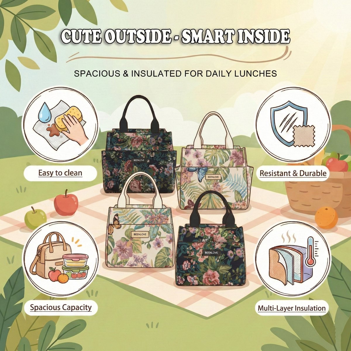 Rainbecom - Koeltassen Lunchtas 5,5L Geïsoleerd - Lunch tas Dames & Heren - 22x13.5x19.5 cm Lunchbag voor Werk & School - Koeltas Waterafstotend Polyester - Grote Opening met Rits - Beige Tropische Print — cadeau in Cadeau-ideeën - foto 8