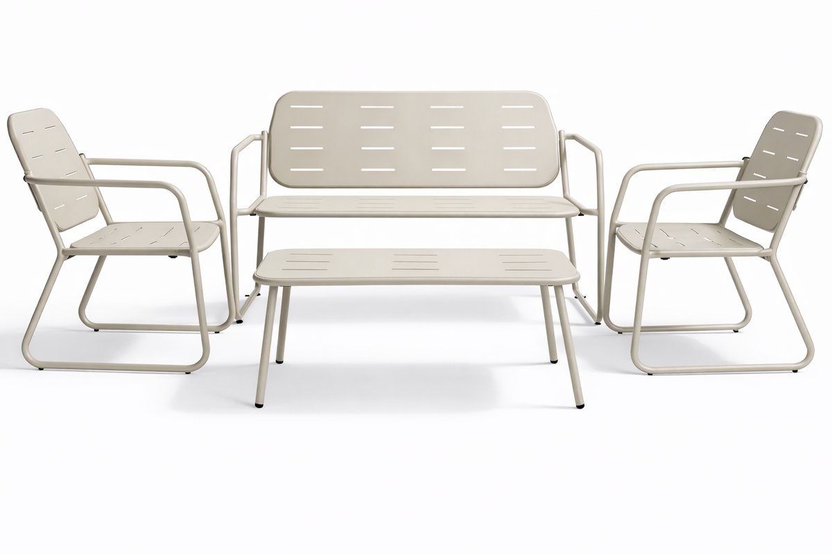HEM Loungeset 4 Personen Ecru – Tuinset Met Stoelen En Bank – 4-delig Tuinmeubelset Van Mat Staal