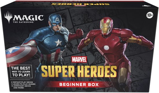 Magic: The Gathering Marvel Super Heroes Beginner Box met Captain America en Iron Man op de voorkant.