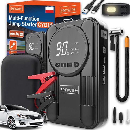 Jumpstarter 12V voor Auto Zenwire CYD14 12000 mAh - Accu Booster, Startbooster, Batterij Booster met Compressor 150 PSI, Bandenpomp, Powerbank, LCD Display, LED Zaklamp, SOS Noodlicht voor Auto, Motor & SUV