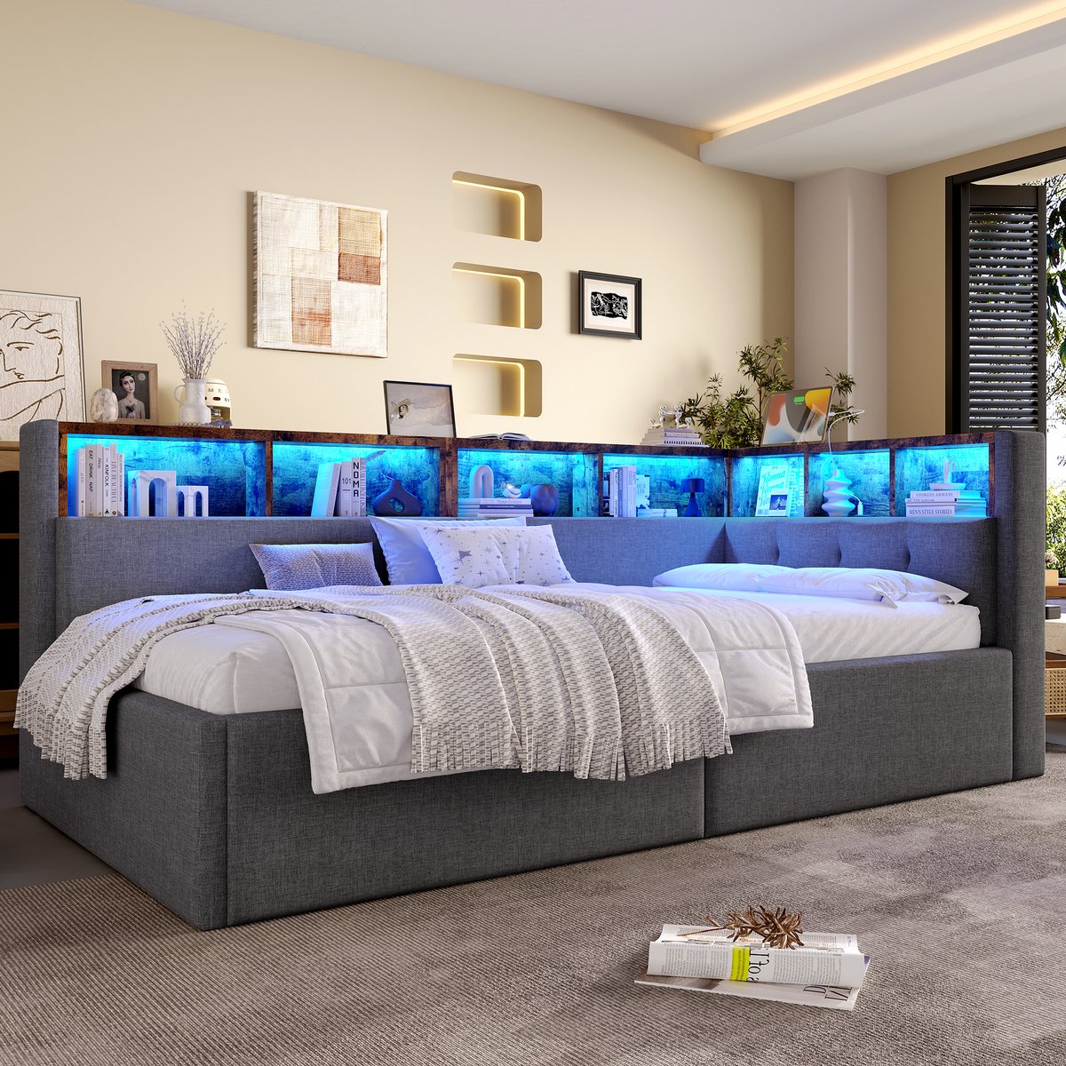 OKWISH Daybed 90x200 cm – Met Usb En Type C Oplaadpunten – Hydraulische Opbergruimte En Vakjes – Sfeerverlichting – Zonder Matras – Linnen – Grijs