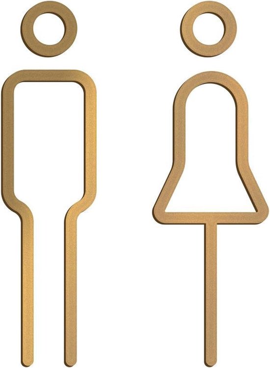 Gouden toiletpictogrammen voor mannen en vrouwen, strak en modern.