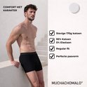 Model in zwarte Muchachomalo boxershort. Tekst: Comfort met karakter, 95% katoen, 5% elastaan.