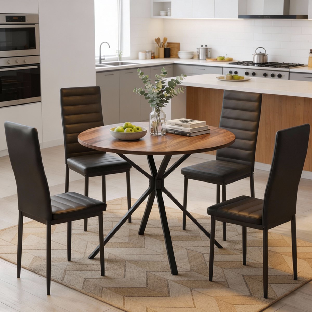 Bealife TB64 Eettafel en Stoelen voor 4 Personen - Moderne Eetkamer Stoelen Set met PU Leer - Huis Meubilair - Ronde Tafel - Zwart