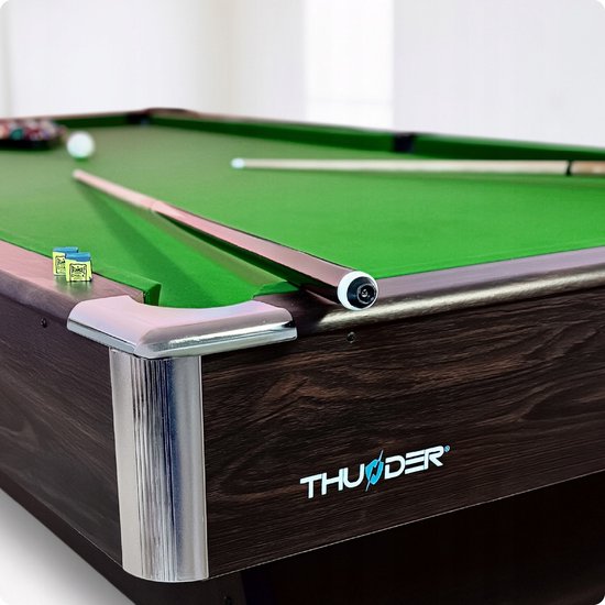 Thunder 7FT - Luxe bruine houten pooltafel - 226 x 127 cm - inclusief poolbenodigdheden: set van 16 poolballen, 2x keu, triangel, borstel & poolkrijt — afbeelding 3