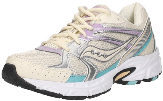 Crème Saucony sneakers met paarse, zilveren en lichtblauwe accenten, zijaanzicht.