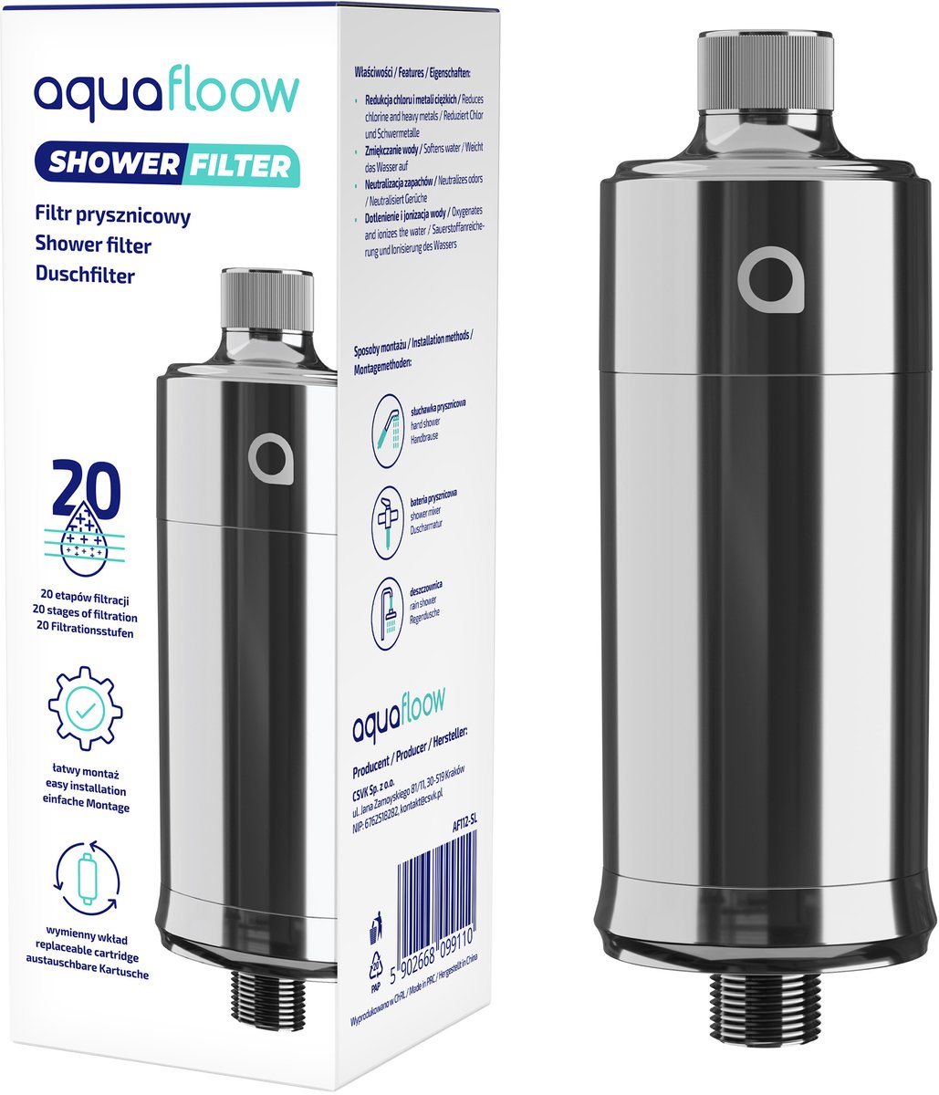 Aquafloow douchefilter – 20-laags waterfilter voor douchekop – verwijdert zware metalen, chloor en voorkomt kalkaanslag – verbetert de waterkwaliteit – Glossy Silver