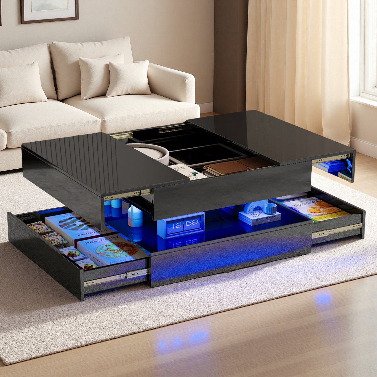 Salontafel met 4 lades, waterdicht hoogglans tafelblad, geometrische salontafel met ledverlichting, bijzettafel voor de woonkamer, zwart