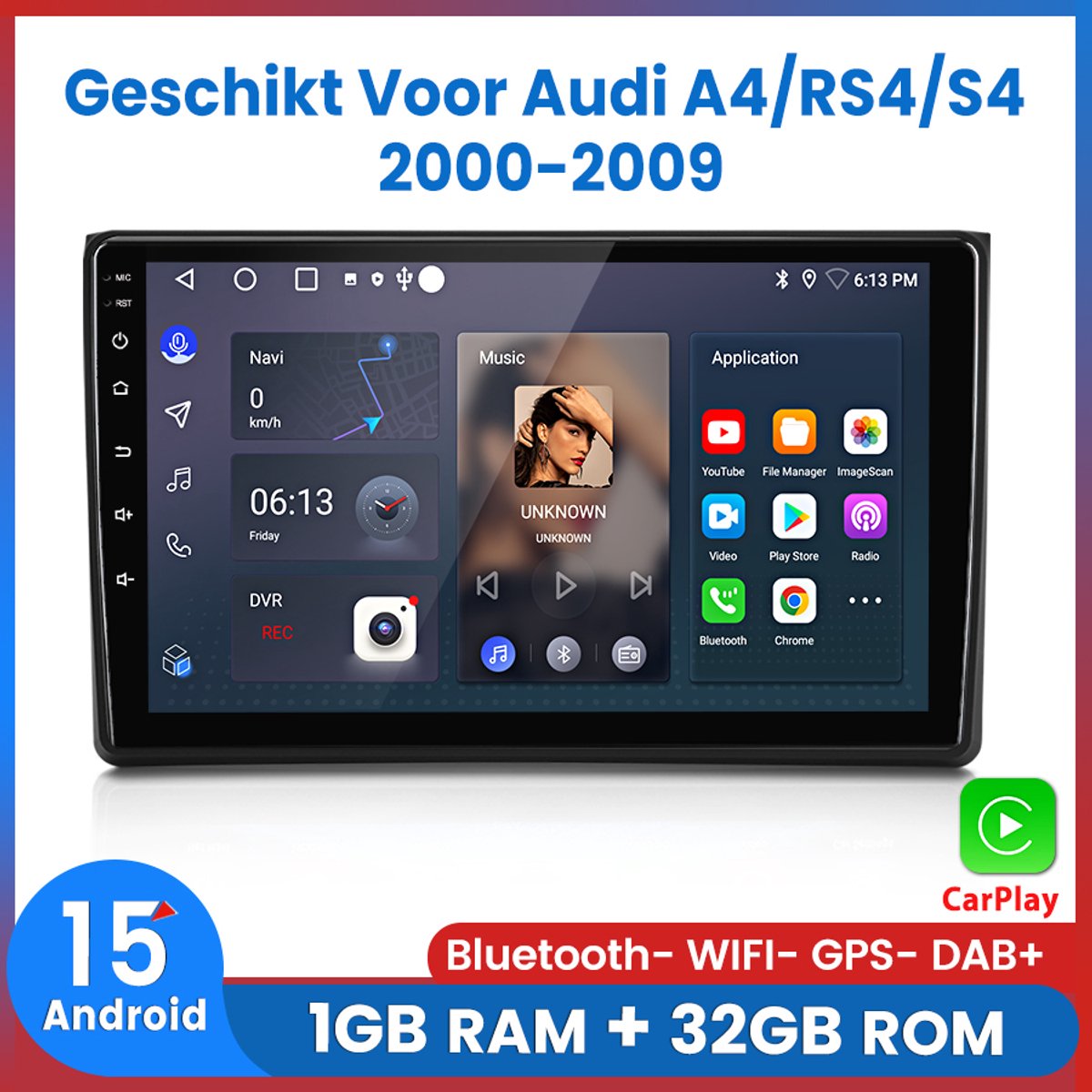 Awesafe Autoradio - Geschikt Voor Audi A4/RS4/S4 2000 t/m 2009 - Draadloos Carplay & Android Auto - Ram 1GB + Rom 32GB - Bluetooth & Wifi - GPS Navigatie - 2000 2001 2002 2003 2004 2005 2006 2007 2008 2009