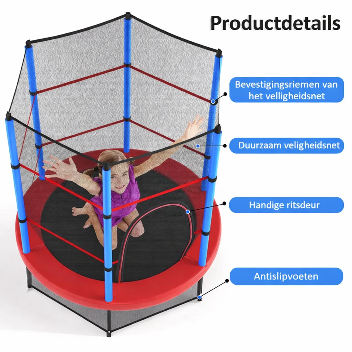 Trampoline Ø140 cm – Kinder Trampoline voor Binnen en Buiten – met Verhoogd Veiligheidsnet en Stalen Frame – Blauw/Rood — afbeelding 12