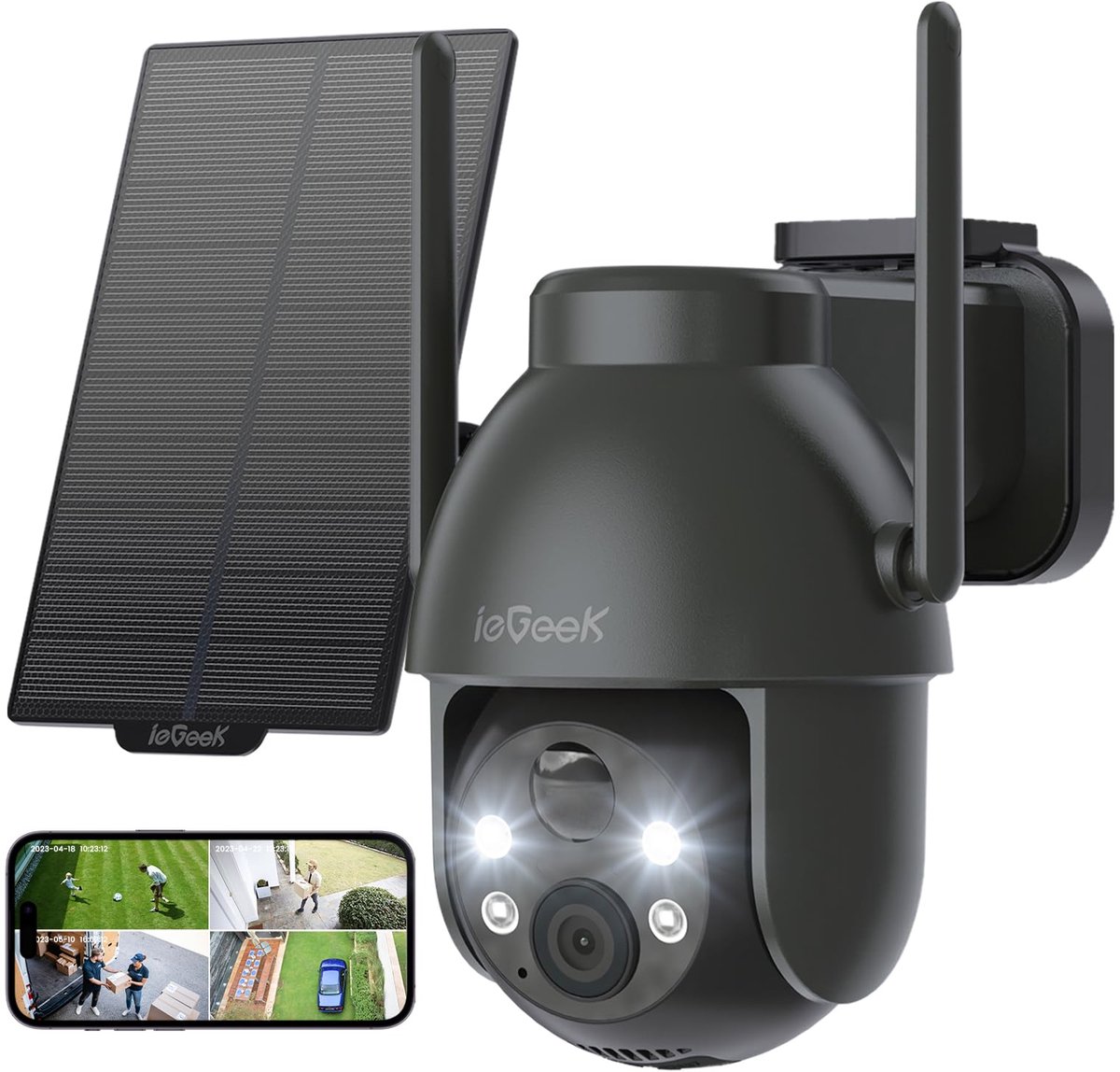 ieGeek Beveiligingscamera Draadloos Buiten - 2K Solar Wifi Camera - voor huisbeveiliging - batterijgevoede 3MP bewakingscamera - 360° PTZ - kleuren nachtzicht - PIR bewegingsdetectiesensor - sirene - 2-weg audio
