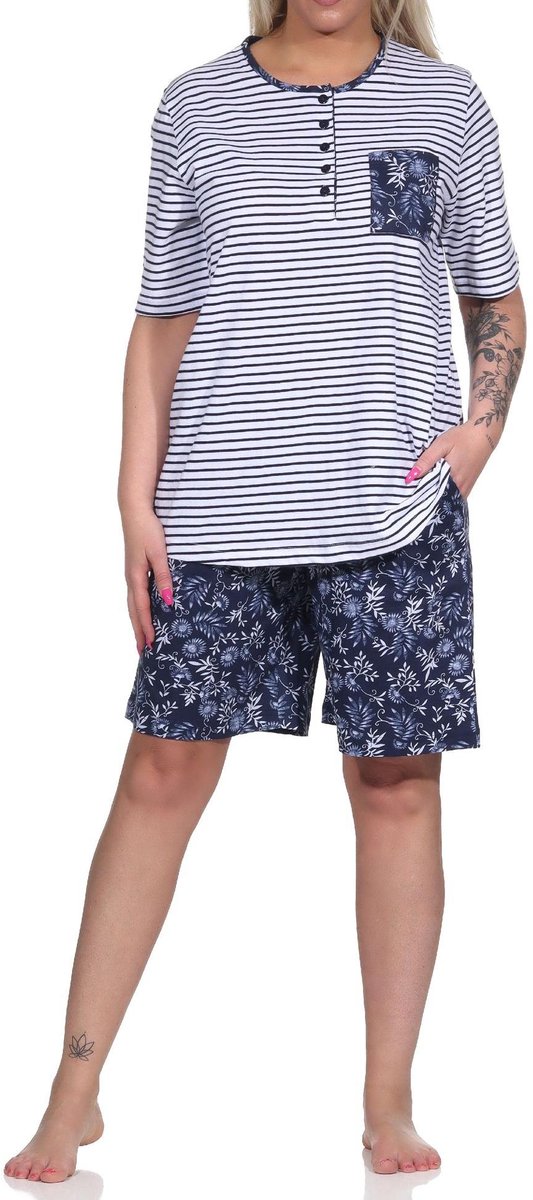 Normann Dames pyjama shorty met korte mouwen, gestreepte top, korte broek met bloemenpatroon weiss
