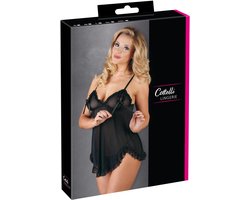 Cottelli Collection – Baby Doll met Spannende Strikjes Rondom Tepels Licht Transparant – Maat 2XL – Zwart