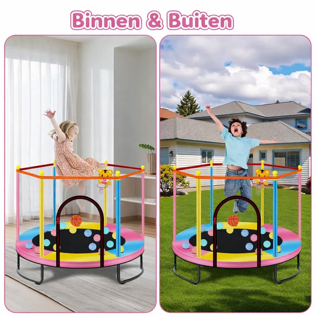 Kinder Trampoline Ø150cm-Basketbalring-Stalen frame-Meerkleurig – foto 2