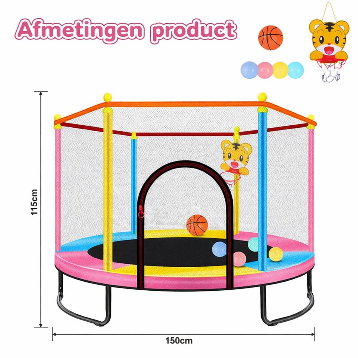 Kinder Trampoline Ø150cm-Basketbalring-Stalen frame-Meerkleurig – foto 5