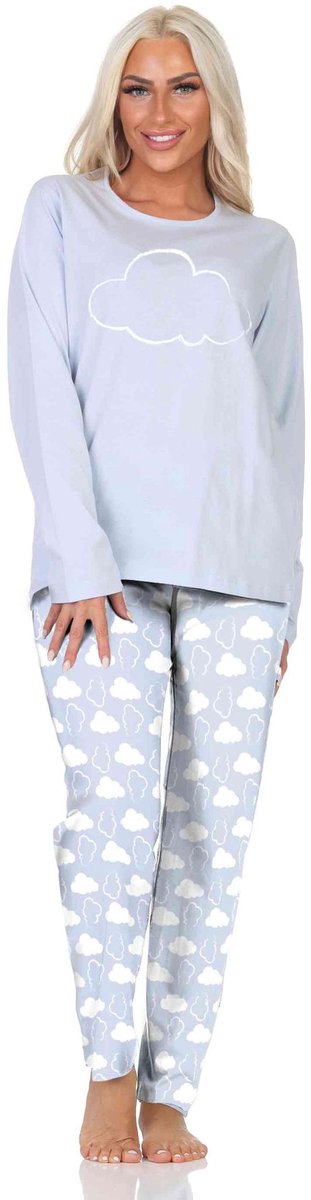 Normann dames pyjama lange mouwen pyjama in een relaxte look met wolkenmotief hellblau