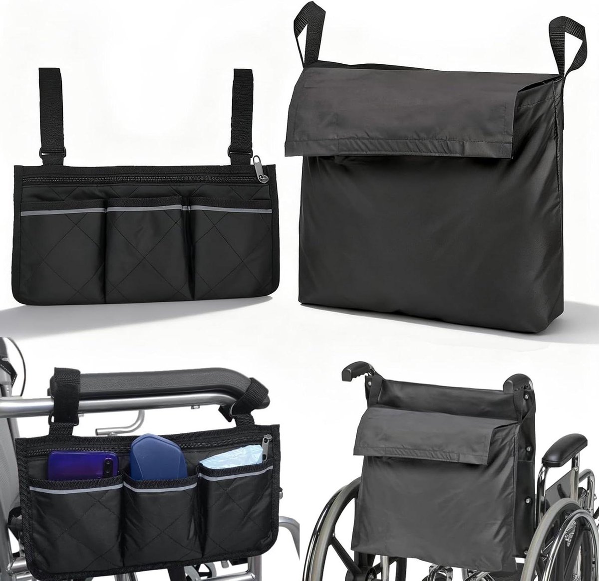 Multifunctionele waterdichte rolstoeltas voor rollator, 2 stuks, veilige accessoires voor armleuningen, zwart