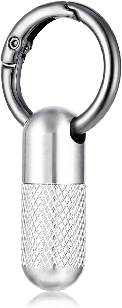 Metalen pillendoosje met sleutelhanger - waterdicht en draagbaar - tablettenbox voor op reis - handige pillenorganizer voor outdoor en camping - zilveren textuur.