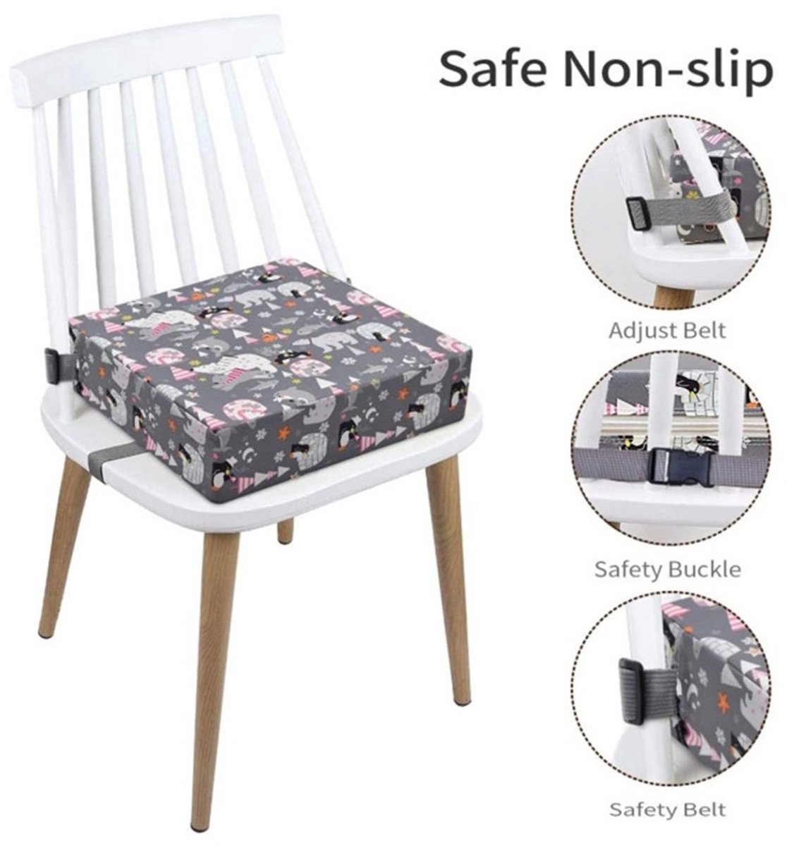 Mogi Products -Stoelverhoger Peuter - 8cm Verhoogkussen Eettafel - Dierenprint - Inclusief Veiligheidsriemen & Antislip