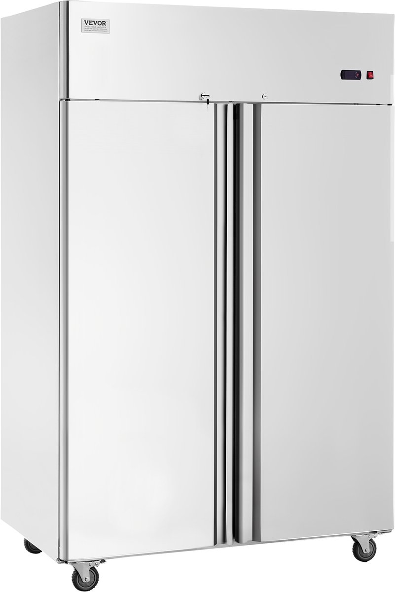 Vevor CommerciëLe Koelkast 1100 L, 2 Deuren, Roestvrijstalen Koelkast met Automatische Ontdooiing, 6 Planken, Temperatuurregeling van -2 Tot + 8 °C en 4 Wielen Zilver