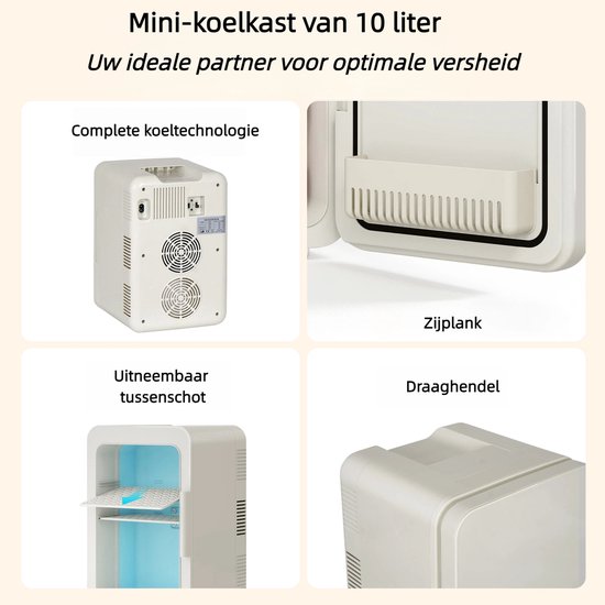 Puluomis - Mini koelkast 10L - Skincare & make-up fridge - 12V & 220V - Koel & warm - Auto koelkast - Compact - Beige van Merkloos — afbeelding 2