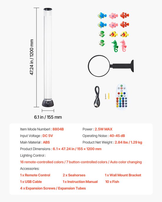 VEVOR Lava Lamp 10 Vis Bubble Light Lamp 1,2 M 16 Kleureffecten Afstandsbediening van Vevor — afbeelding 3