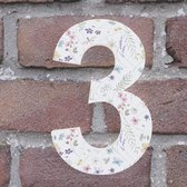 Huisnummer Arial 3 wit met bloemen - Maat: Middel (15 cm) - zelfklevend - Huisnummerbord -