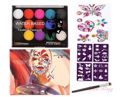 Schminkset Kinderen 15 kleuren-Veilig Schmink Kinderen -15 kleuren & 2 penselen & 4 sjablonen & diamantstickers op waterbasis- veiligheidscertificering- Schminkset - Make up Kinderen - Face paint - Grime Schmink - Kinderschmink voor mooi grimas