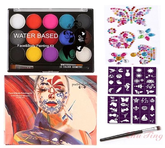 Schminkset Kinderen 15 kleuren-Veilig Schmink Kinderen -15 kleuren & 3 penselen & 4 sjablonen & diamantstickers op waterbasis- veiligheidscertificering- Schminkset - Make up Kinderen - Face paint - Grime Schmink - Kinderschmink voor mooi grimas