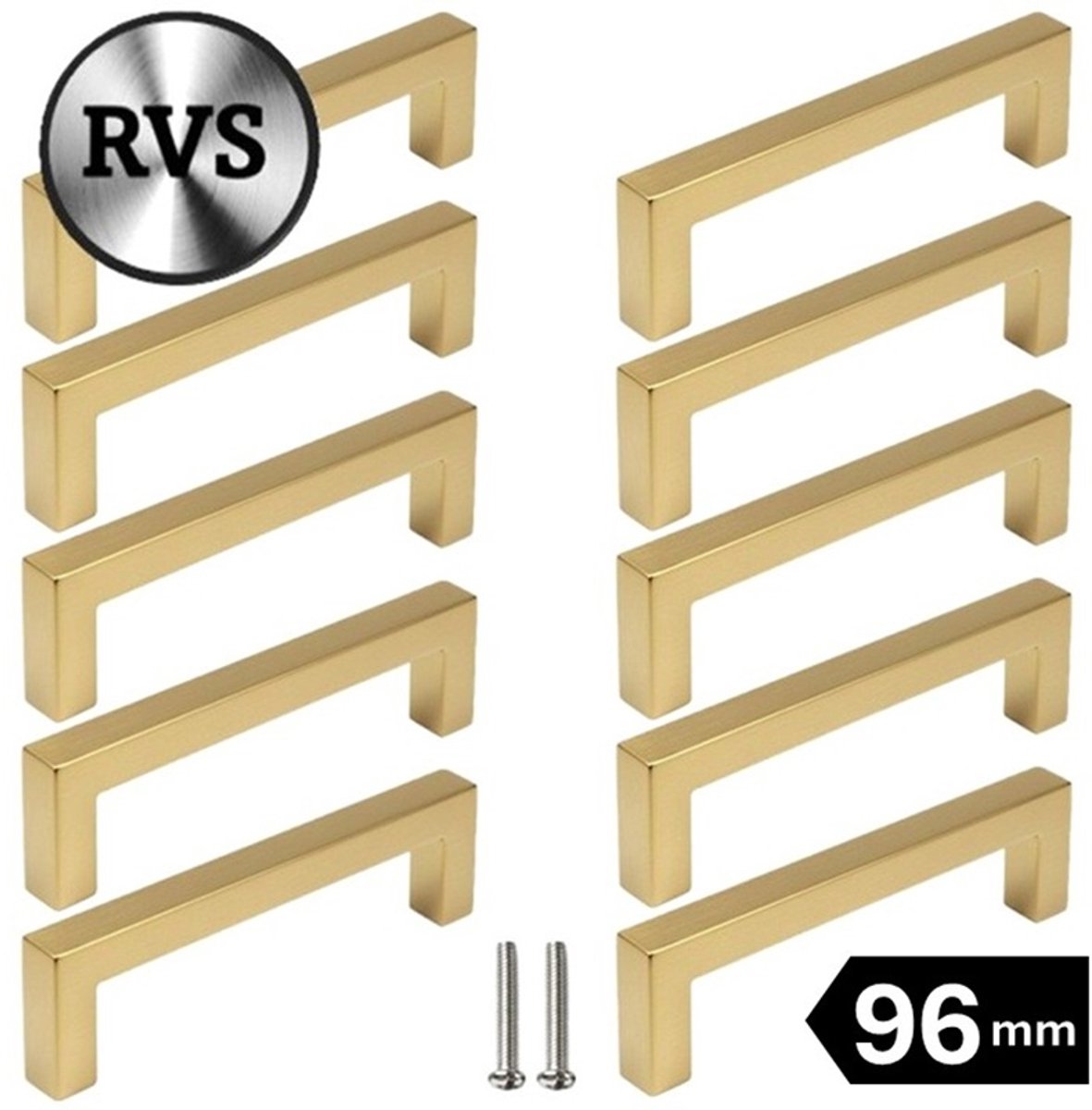 10 X MSQDESIGN Handgrepen RVS Goud - Boormaat 96mm - Gouden Handgreep voor Keuken & Kast - Moderne Meubelgreep - Keukengreep Mat Goud -Kastgrepen- Goude Greepjes Keuken - Goude RVS Handvatten - Deurgreepjes -incl schroeven