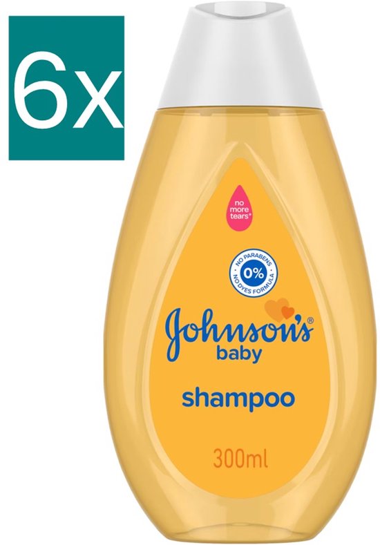 Johnson's Baby Shampoo fles van 300ml met oranje label en witte dop, 6 stuks verpakking.