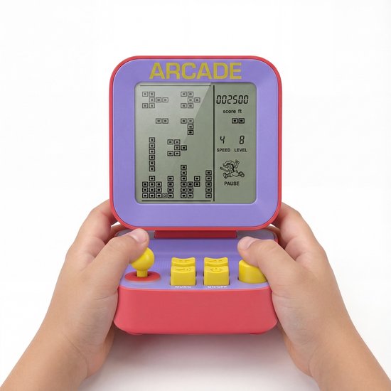 Retro Spelcomputer Blokkenspel - 26 Spelletjes - Mini Arcade Game Console voor Kinderen - Speelgoed Voor in de Auto - Puzzel Speelgoed - Cadeau voor Jongens en Meisjes - Reisspelletjes Kinderen - Vakantie - 6+ Jaar - Rood en Paars - Silvergear