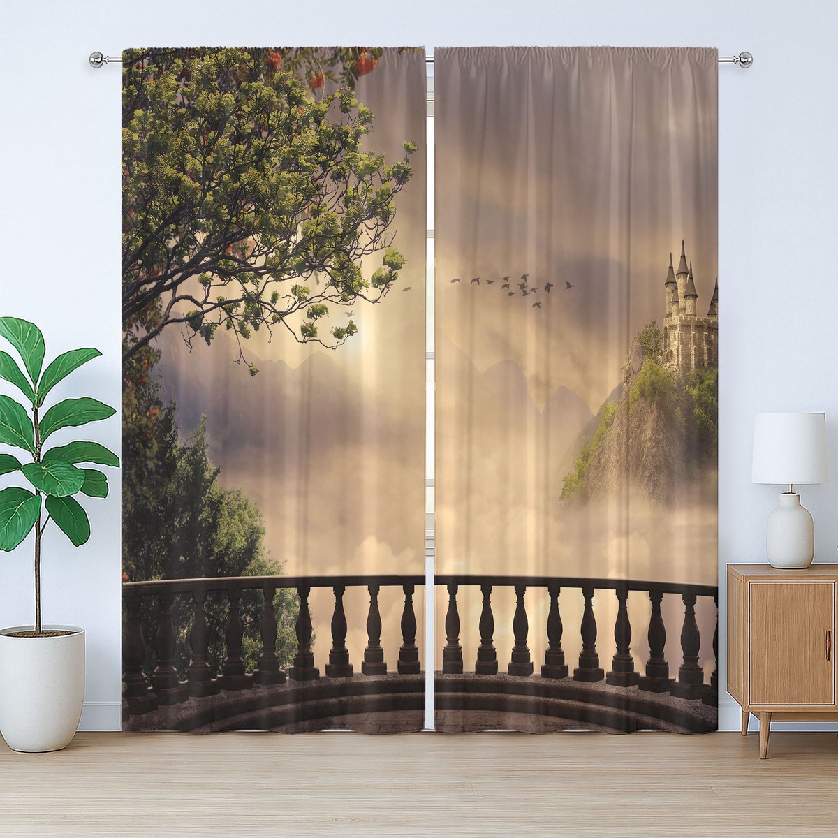 ABAKUHAUS Sprookjesachtig rustiek gordijn, wolkenformatie met kasteel, gordijn met plooien, lussen en haken, 280 x 175 cm, ecru en veelkleurig