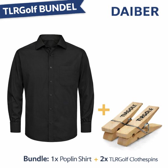 Zwart popeline overhemd met lange mouwen en borstzakje, met twee houten wasknijpers met TLRGolf logo.