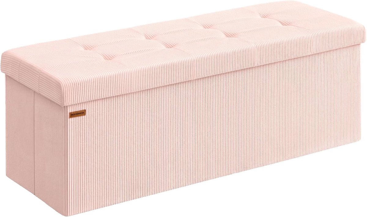 SONGMICS Bank met Opbergruimte, Opvouwbare Voetenbank, 38 x 110 x 38 cm, Bedbank, Opbergdoos, Maximale belasting 300 kg, Woonkamer, Slaapkamer, Entree, Pastelroze LSF604R01