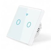 Witte slimme schakelaar met twee blauwe cirkels, glazen paneel, met wifi-symbool erboven.